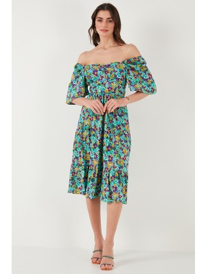 Lela Desenli Oversize Fit Carmen Yaka Büzgü Detaylı Midi Boy Elbise Bayan Elbise 67810557
