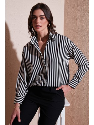 Lela Standart Fit Klasik Yaka Çizgili Gömlek Bayan Gömlek 6772894