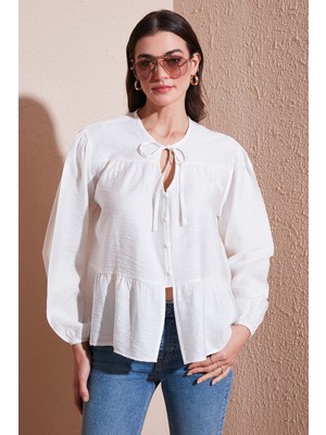 Lela Oversize Fit Balon Kol Bağlamalı Yaka Detaylı Gömlek Bayan Gömlek 6772618