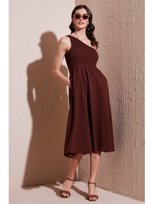 Lela Regular Fit Tek Omuz Belden Açılan Gipeli Midi Boy Elbise Bayan Elbise 67810248