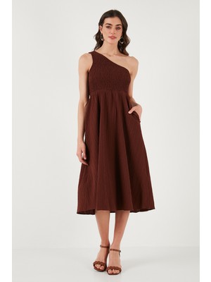 Lela Regular Fit Tek Omuz Belden Açılan Gipeli Midi Boy Elbise Bayan Elbise 67810248