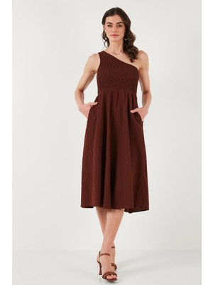Lela Regular Fit Tek Omuz Belden Açılan Gipeli Midi Boy Elbise Bayan Elbise 67810248