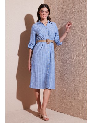 Lela Pamuklu Regular Fit Kemerli Midi Boy Gömlek Elbise Bayan Elbise 67810301