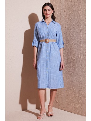 Lela Pamuklu Regular Fit Kemerli Midi Boy Gömlek Elbise Bayan Elbise 67810301