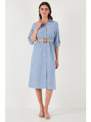 Lela Pamuklu Regular Fit Kemerli Midi Boy Gömlek Elbise Bayan Elbise 67810301