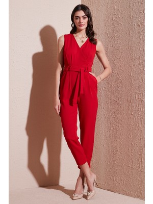 Lela Slim Fit Düz Paça Kruvaze Yaka Kemerli Tulum Bayan Tulum 6783626