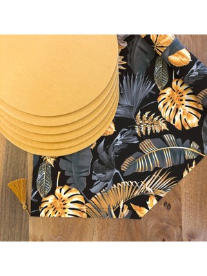 Amerikan Servis Altın Yaprak Desen Takım 6 Supla ve Runner Örtü