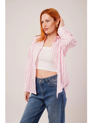 Defy Moda Çizgili Rahat Kesim Pembe Gömlek