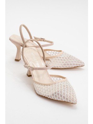 Ccway Kadın Arkası Lastikli Fileli Topuklu Ayakkabı Ten Rugan