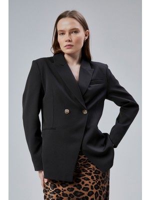 Siyah Regular Fit Yırtmaç Detaylı Blazer Ceket