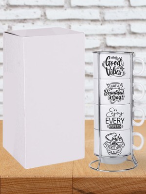 Deep Craft Deepcraft Stantlı 4'lü Fincan Seti Çıkmaz Baskılı Good Vibes Motto Desenli 4 Adet Fincan Seti 190 ml