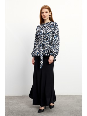 Leopar Desenli Bluz Etek Takım - Indigo
