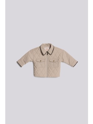 GB Baby Kız Çocuk Bej Denim Ceket Rahat Kesim Gömlek Yaka Fermuarlı Model