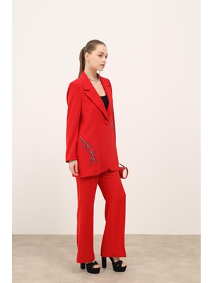 Taşlı Ceket Pantalon Ikili Takım Kırmızı