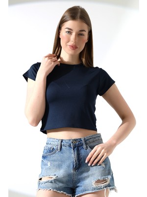 Endies Soft Touch Bisiklet Yaka Kısa Kollu Crop Kesim Basic Düz Kadın T-Shirt 21974 Lacivert