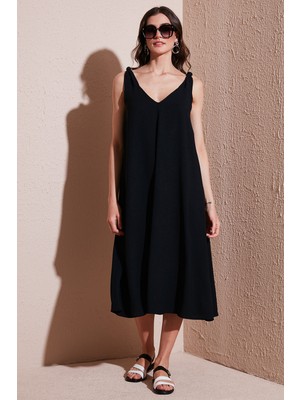Lela Oversize Fit V Yaka Midi Boy Basic Elbise Bayan Elbise 6788688
