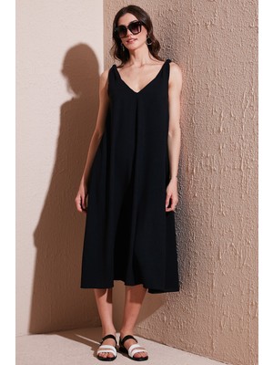 Lela Oversize Fit V Yaka Midi Boy Basic Elbise Bayan Elbise 6788688