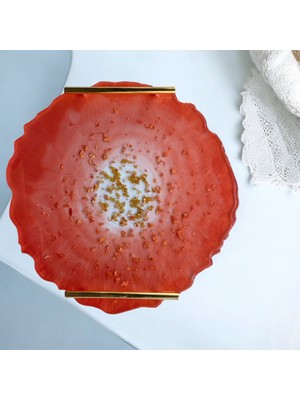 Pelince Epoksi Reçine Altın Varaklı Turuncu Tepsi - Çap: 30 cm