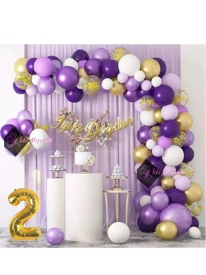 Bkmc 2 Yaş Macaron Mor Balon Zinciri Seti Gölge Mor Altın Balon Dekorasyon