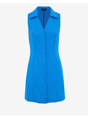 Fabrika Kaçık Yaka Düz Saks Mini Kadın Elbise F5SL-ELB0047