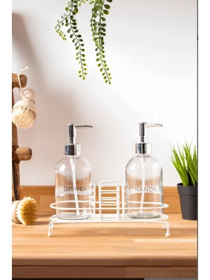 FH Fine Home Beyaz Metal Standlı Cam Sıvı Sabunluk 2'li Şık Tasarım ve Suya Dayanıklı Özellikler