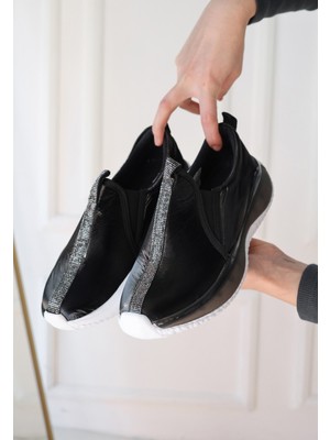 Tarzbu Siyah Tam Ortapedik Bağcıksız Hafif Paraşüt Kumaş Spor Ayakkabı Günlük Ayakkabı