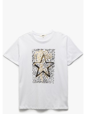 Koton Leopar Baskılı Kısa Kollu Pamuklu Bisiklet Yaka Kadın Tişört