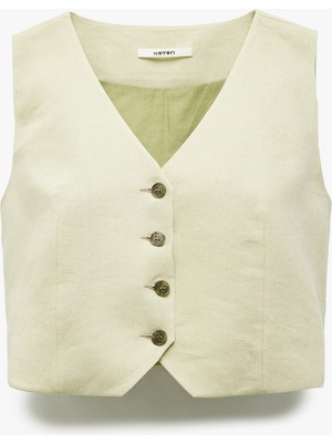 Koton Düğmeli V Yaka Kolsuz Keten Blazer Yelek