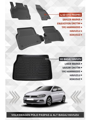 Sahler Vw Polo 2017-2025 Uyumlu 4.5d Premium Havuzlu Oto Paspas ve Liner Marka 3D ALT Bagaj Havuzu
