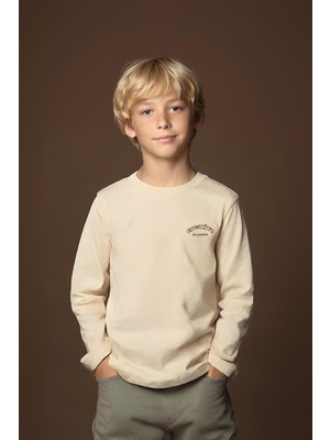 Bisiklet Yaka Uzun Kollu Ekru Erkek Çocuk  Tişört