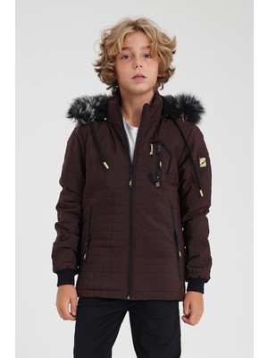 Sivaist Bordo Erkek Çocuk Su Ve Rüzgar Geçirmez Çıkartılabilir Kapüşonlu Kapitone Mont&Kaban