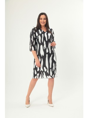 Mezure Şifon Desenli Saten Abiye Elbise Astarlı