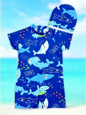 Erkek Çocuk Kısa Kol Hassas Ten Güneş Koruma Balık Tema Mayo Bone Takım