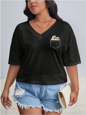 Woodroffe Kadın / Kız V Yaka Düz & Baskılı Siyah / Beyaz Oversize T-Shirt Salaş Boyfirend