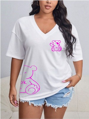 Woodroffe Kadın / Kız V Yaka Baskılı & Düz Beyaz Oversize T-Shirt Salaş Boyfirend