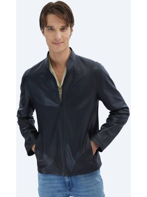 Kip Siyah Regular Fit Dik Yaka Smart Casual Koyun Derisi Deri Mont