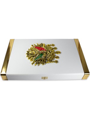 Tesbih Kardeşliği Beyaz Renk Koleksiyonluk 14'lü Dikey Osmanlı Devlet Armalı Deri Tesbih Kutusu