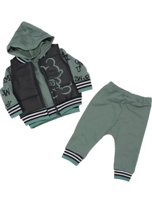 Bebegen Erkek Bebek Füme Yeşil Şişme Yelekli Harf Baskılı Badili 3'lü Takım