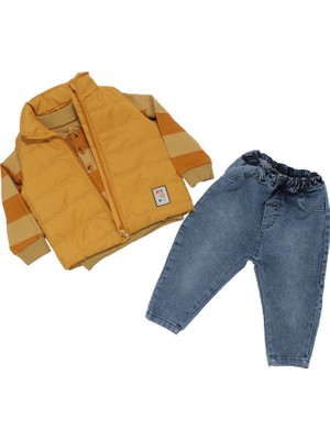 Bebegen Erkek Bebek Hardal Mavi Kot Pantolonlu Çizgili Badili Şişme Yelekli 3'lü Takım
