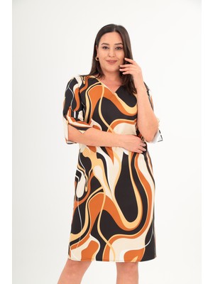 Mezure Likralı Desenli Astarlı Elbise Hürrem Kumaş