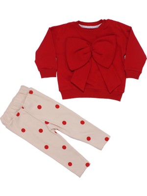 Bebegen Kız Bebek Kırmızı Ekru Büyük Fiyonklu Puanlı Ikili Takım