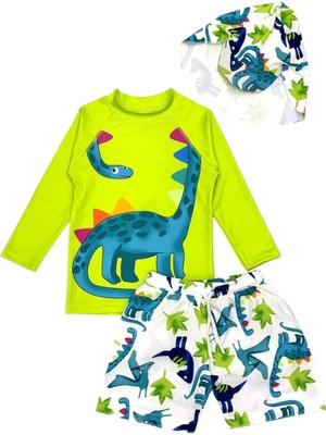 Erkek Çocuk Güneş Korumalı Siper Şapkalı Dinozor Karakter Desenli Deniz Şortlu Mayo Takım