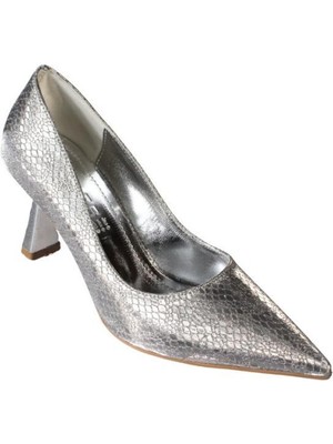 Yaz Kış Ayakkabı Yazkış Kadın Platin Gümüş Parlak Petek Kumaş 7cm Kadeh Topuk Sivri Burun Stiletto Ayakkabı