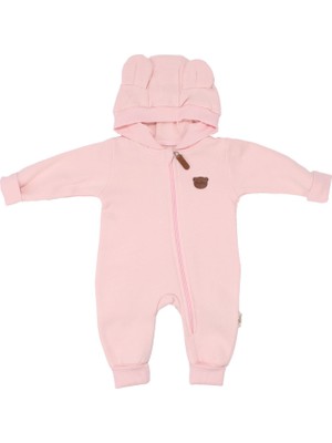 Bebegen Kız Bebek Pudra Baby Ayıcık Armalı Kapüşonlu 3 Iplik Fermuarlı Tulum