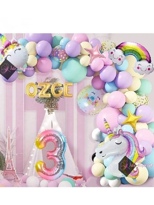 Bkmc 4 Harfli 3 Yaş Gökkuşağı Konsepti Unicorn Temalı Makaron Balon Doğum Günü Parti Kutlama Seti