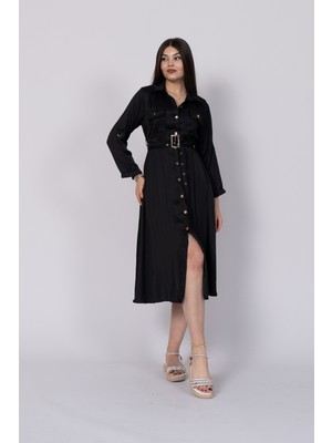 Uzun Kollu ve Kolları Katlana Bilen Boydan Düğmeli Beli Lastikli Saten Elbise 50306