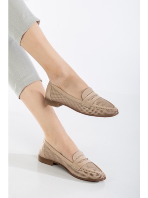 Analin Shoes Kadın  Deri Günlük Saraçlı Lazerli Babet - Bej