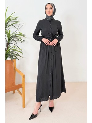 İlkimay.com Esnel Kuşaklı Elbise  1366 - Siyah