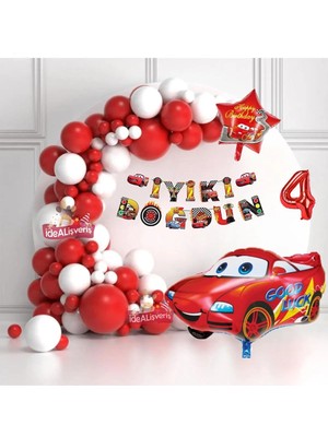 Bkmc  Bannerli 4 Yaş Kırmızı Araba Yıldız Folyo Balonlu Beyaz Kırmızı Konsept Doğum Günü Parti Seti
