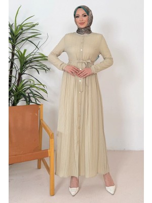 İlkimay.com Esnel Kuşaklı Elbise  1366 - Bej